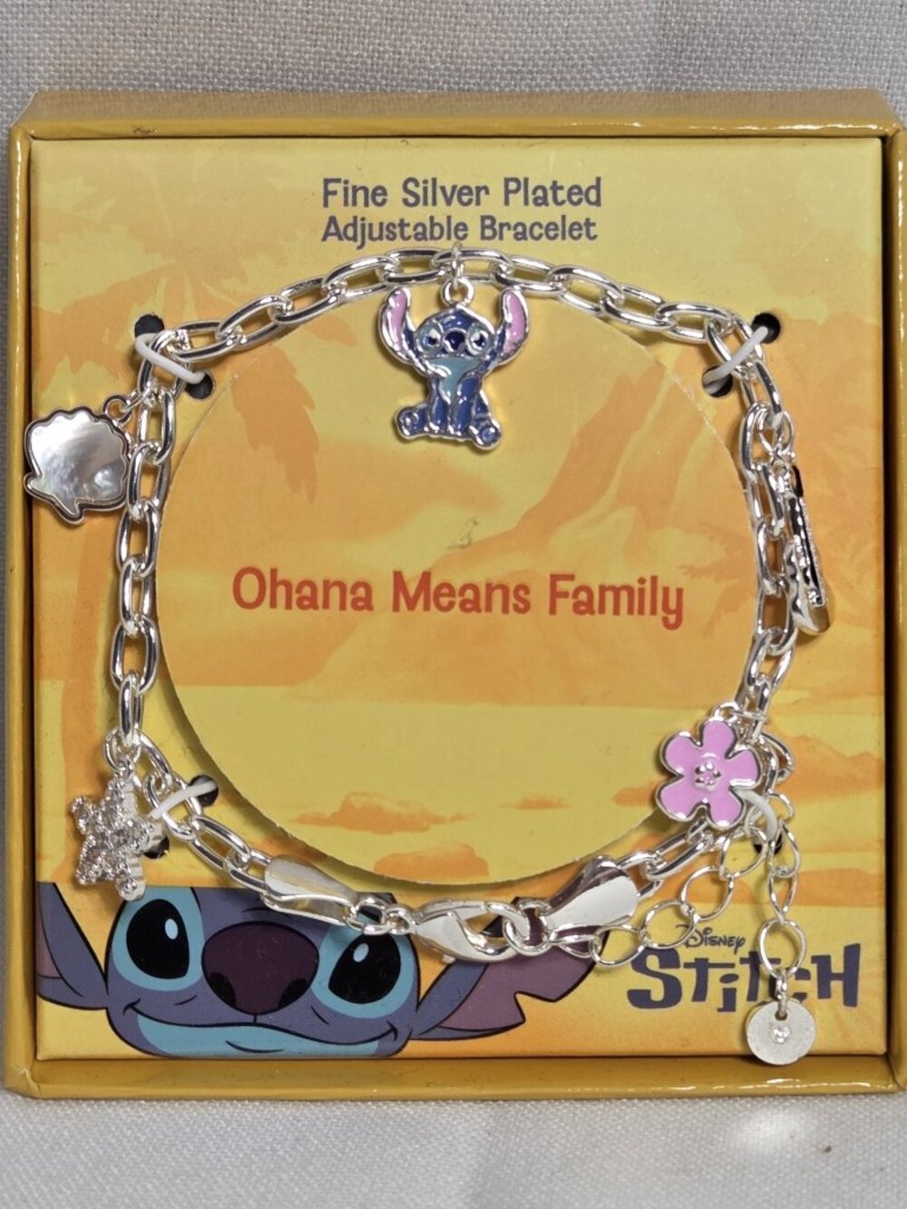 Disney Stitch Ohana Means Family Fine Silver Plated Charm Bracelet NIB